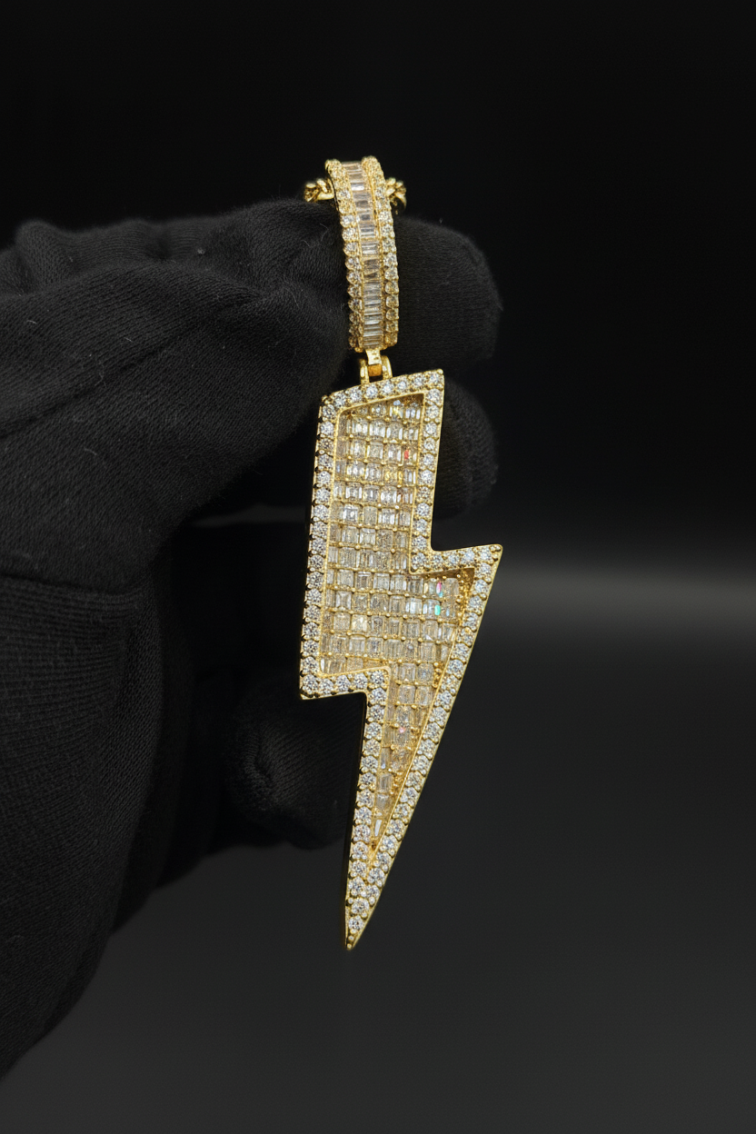 Yellow Gold Iced Out Lightning Bolt Pendant